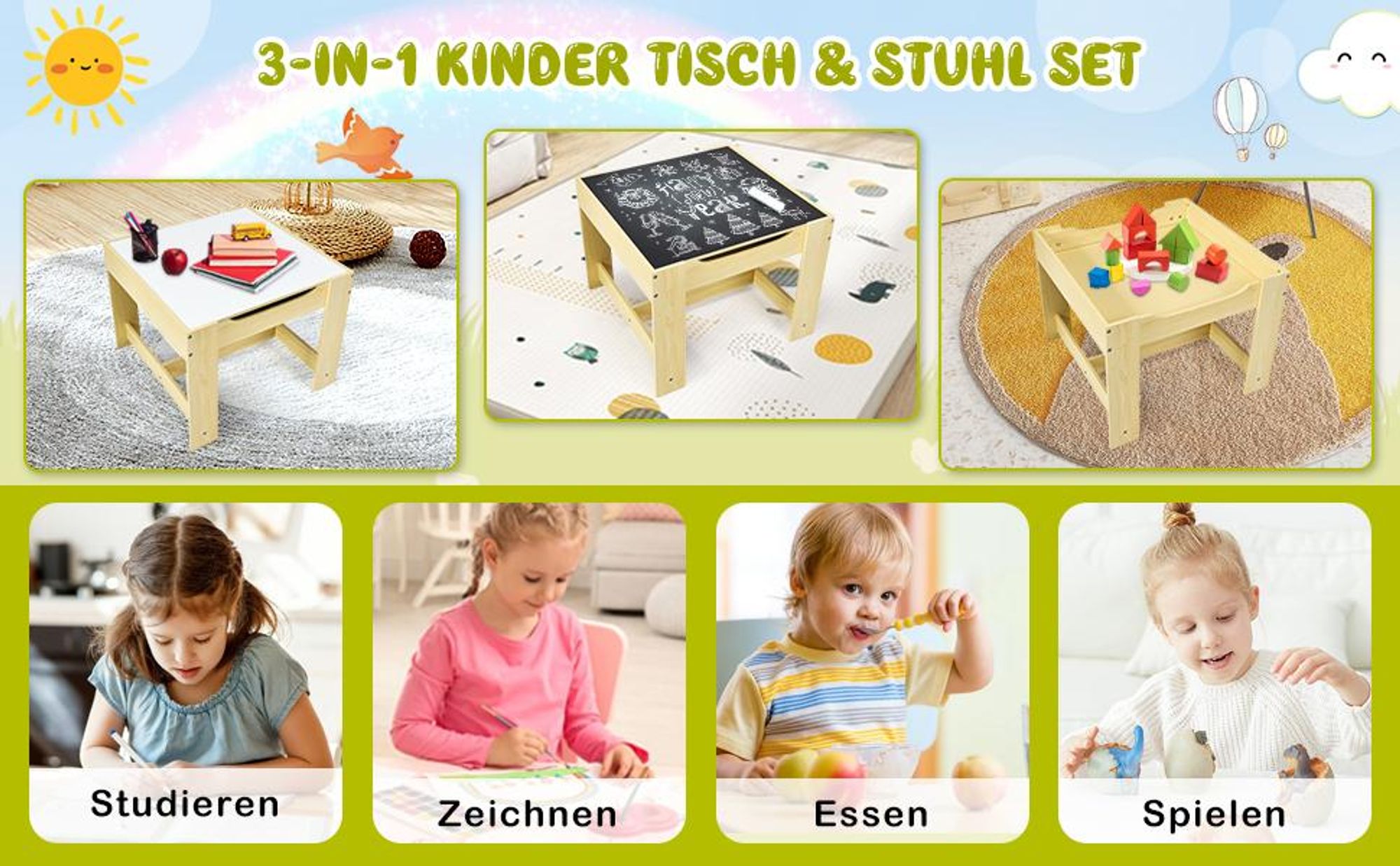 COSTWAY 3 TLG. Kindersitzgruppe, Kindertisch mit 2 Stühlen, Stauraum, Kreidetafel & Whiteboard, Kindersitzgarnitur für Kleinkinder von 3-7 Jahren