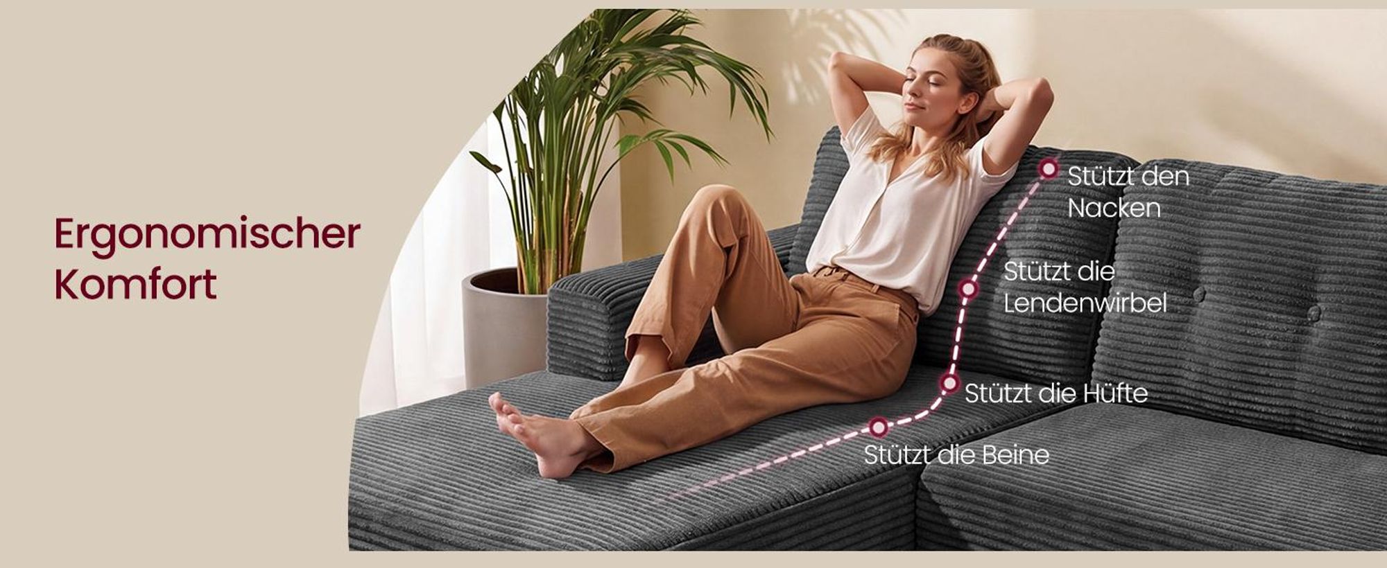 VASAGLE U-Form Sofa 6-Sitzer Modulares Cord Sofa mit Kissen 336 x 154 x 89 cm Grau