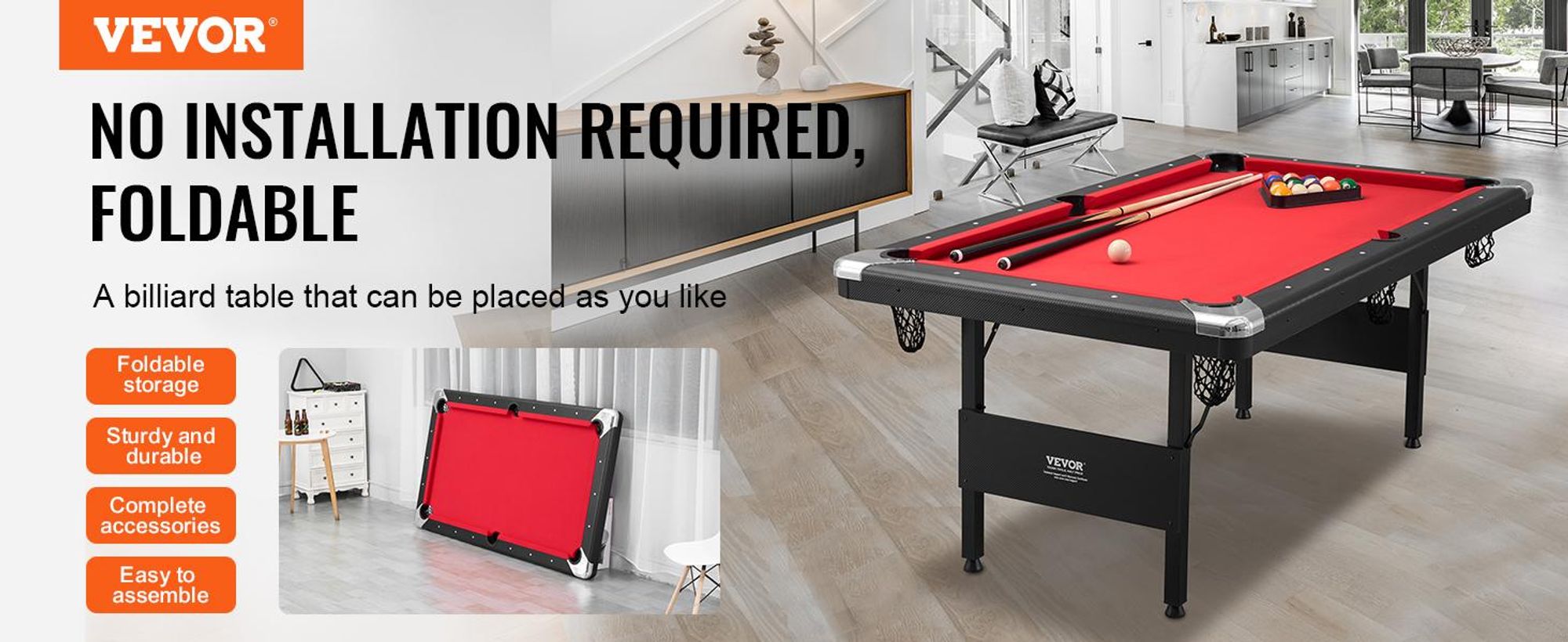 VEVOR Billardtisch, 192 cm Pooltisch, tragbarer faltbarer platzsparender Tisch, Billardtisch-Set beinhaltet Kugeln, Queues, Kreide und Bürste, schwarz mit rotem Tuch, perfekt für das Familien-Spielzimmer für Kinder und Erwachsene, 190 cm, Rot