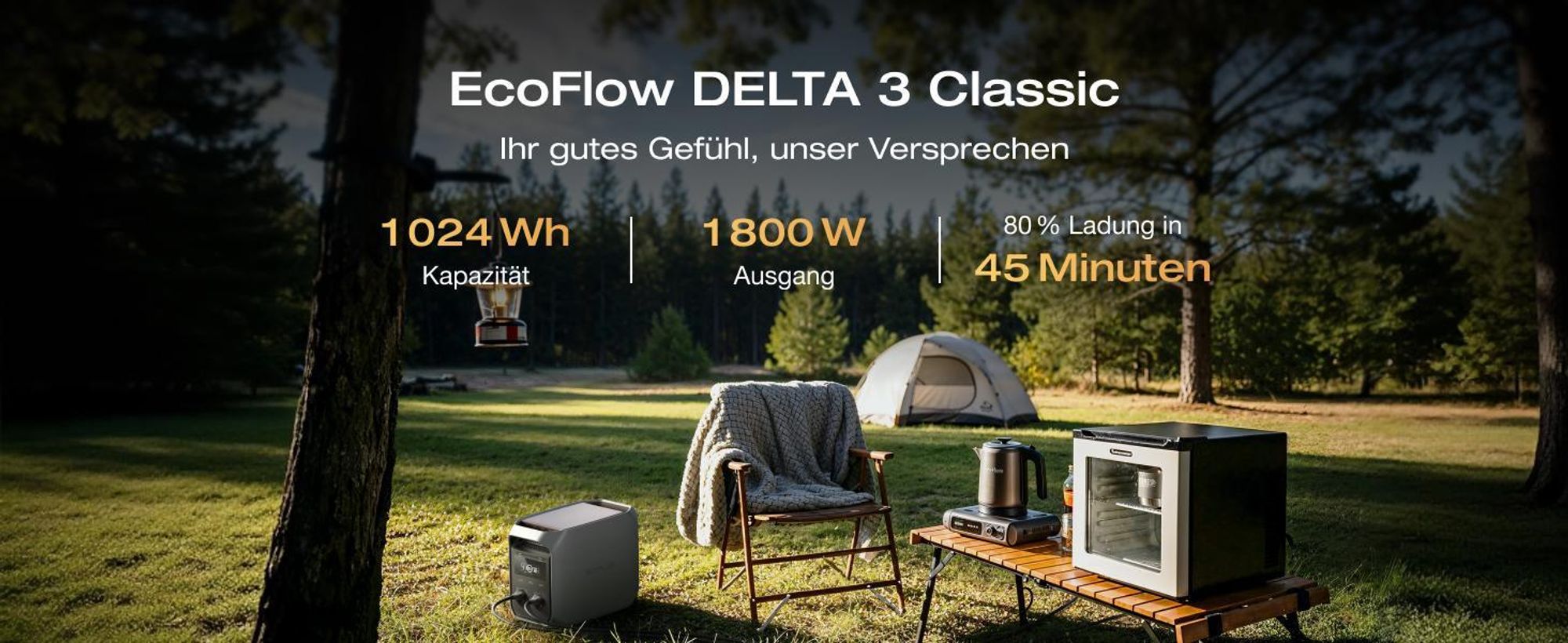 EF ECOFLOW DELTA 3 Classic Tragbare Powerstation mit 160 W Solarpanel, 1024 Wh LiFePO4 Batterie, 1800 W AC Ausgang (3600 W Spitzenleistung)
