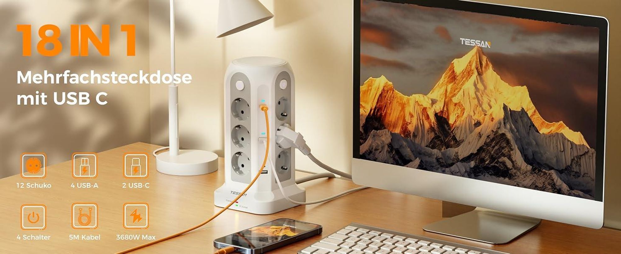 TESSAN 12 Fach Mehrfachsteckdose mit 2 USB C und 4 USB A Verlängerungskabel 5M Überspannungsschutz Steckdosenturm 3680W
