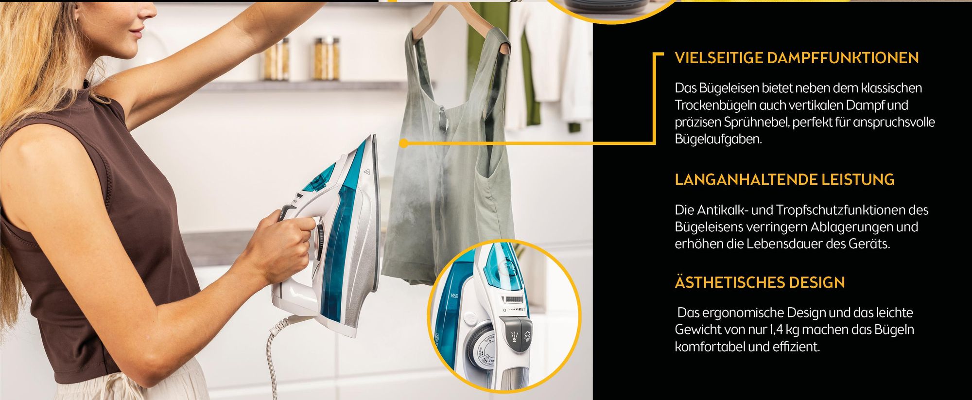 TZS First Austria - Dampfbügeleisen 3100 W - Keramiksohle - 93 Düsen, 25g/min Dampf - Vertikaldampf, Anti-Kalk & 450ml Wassertank - Grün