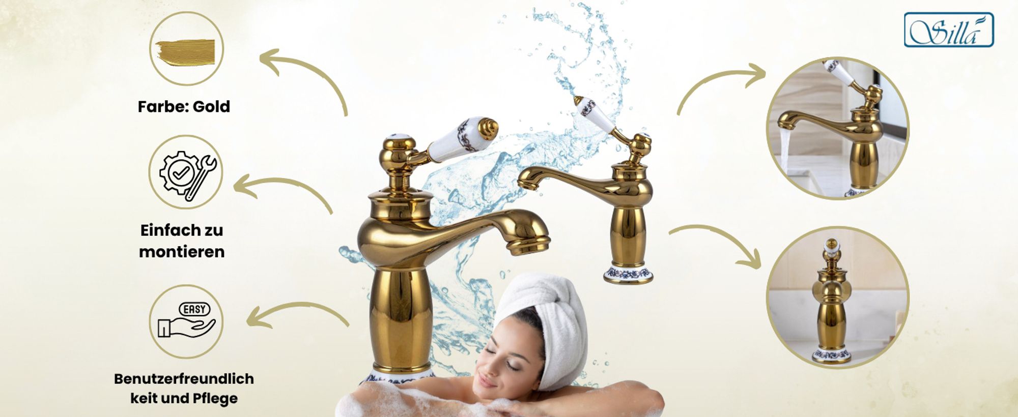 Silla, Gold, Armatur, Bad, Spültischarmatur, Wasserhahn Bad, Wasserhahn, Messing