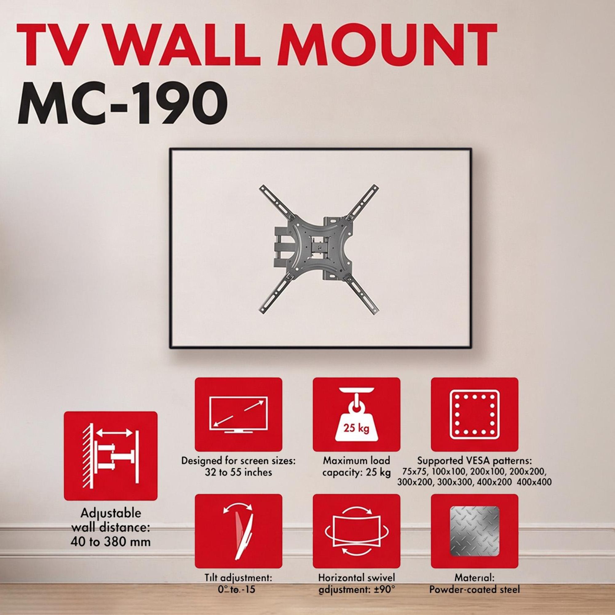 Maclean TV-Halterung/Aufhängung max. VESA 400x400 32–55" bis zu 25 kg schwarz Neigungsverstellung 0°–-15° und Schwenkverstellung +90°–-90° MC-19