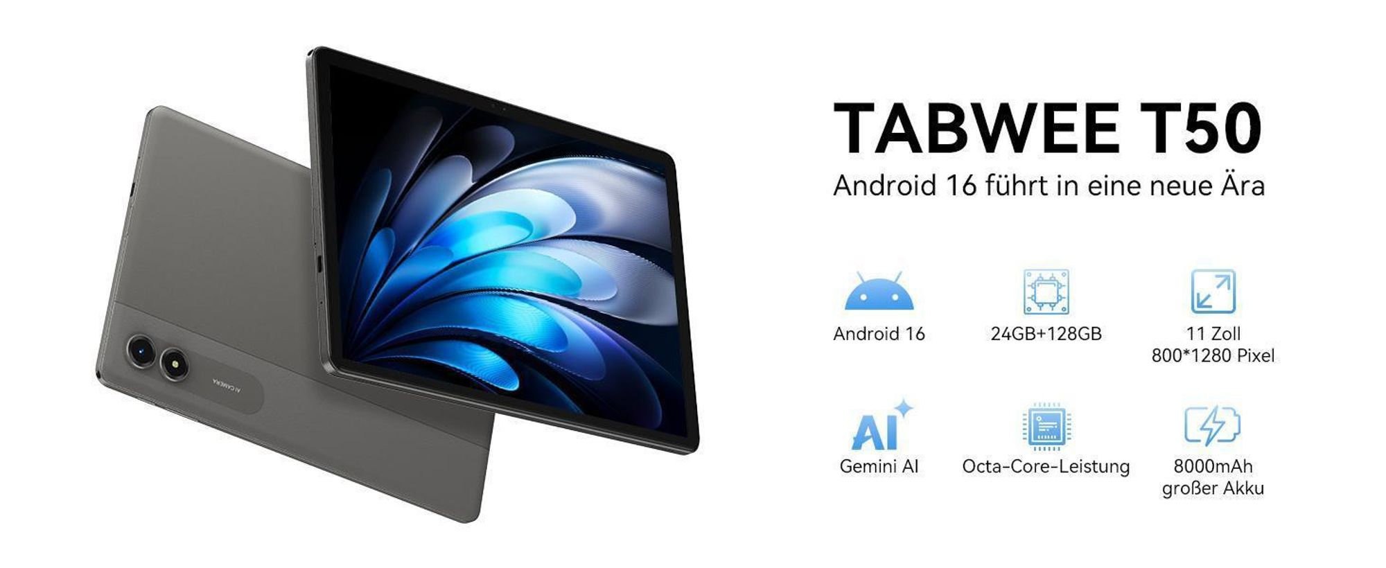 TABWEE Tab50 Tablet Inkl. Schutzhülle und English Tastatur, Android 16 und Gemini-KI, 11', 5G wifi, 24GB(6+18)RAM+128GB, 8000mAh Reverse Charging