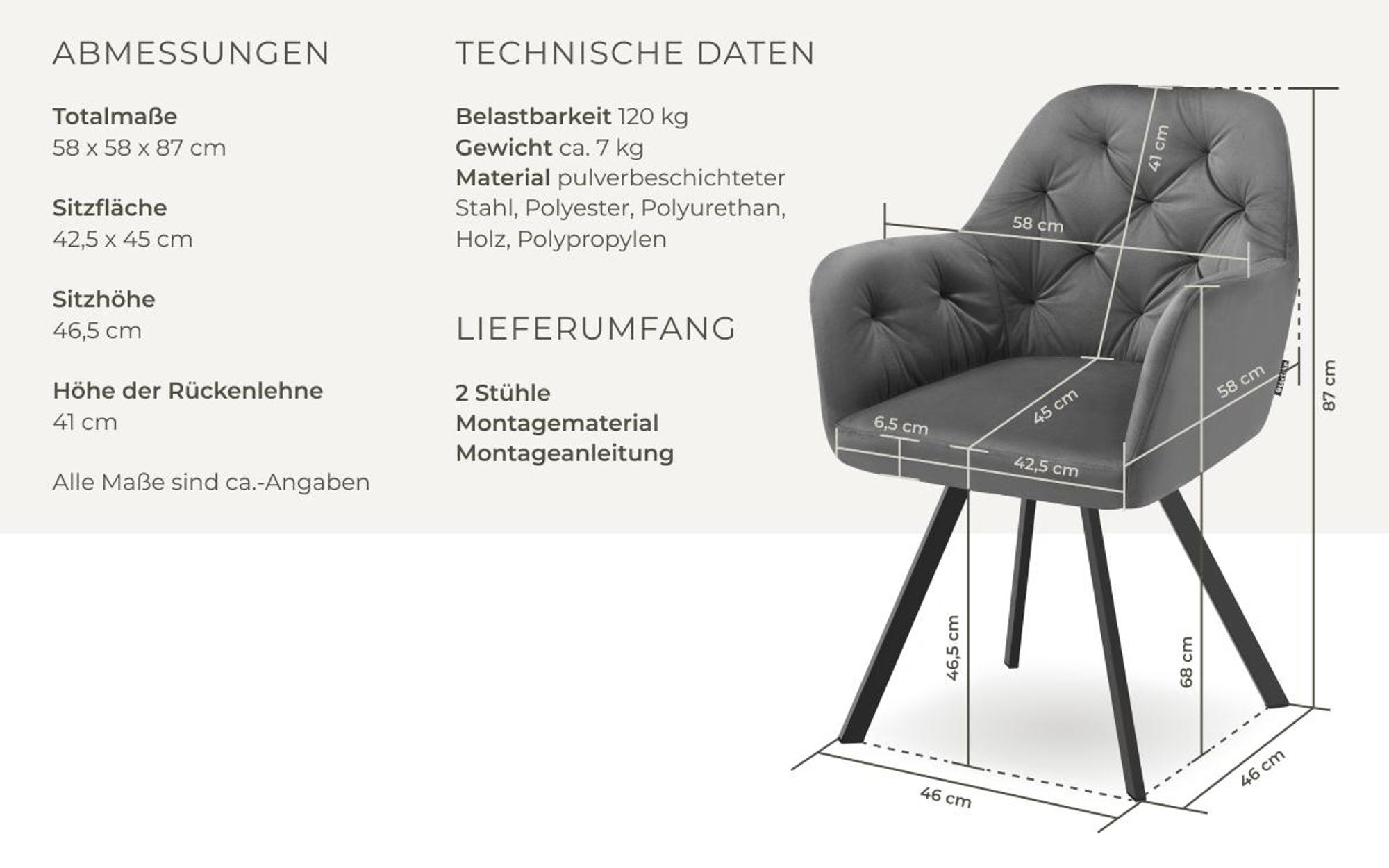tectake® Drehbarer Samt-Armlehnstuhl Lucia gepolstert, mit Steppmuster 58 x 58 x 87 cm