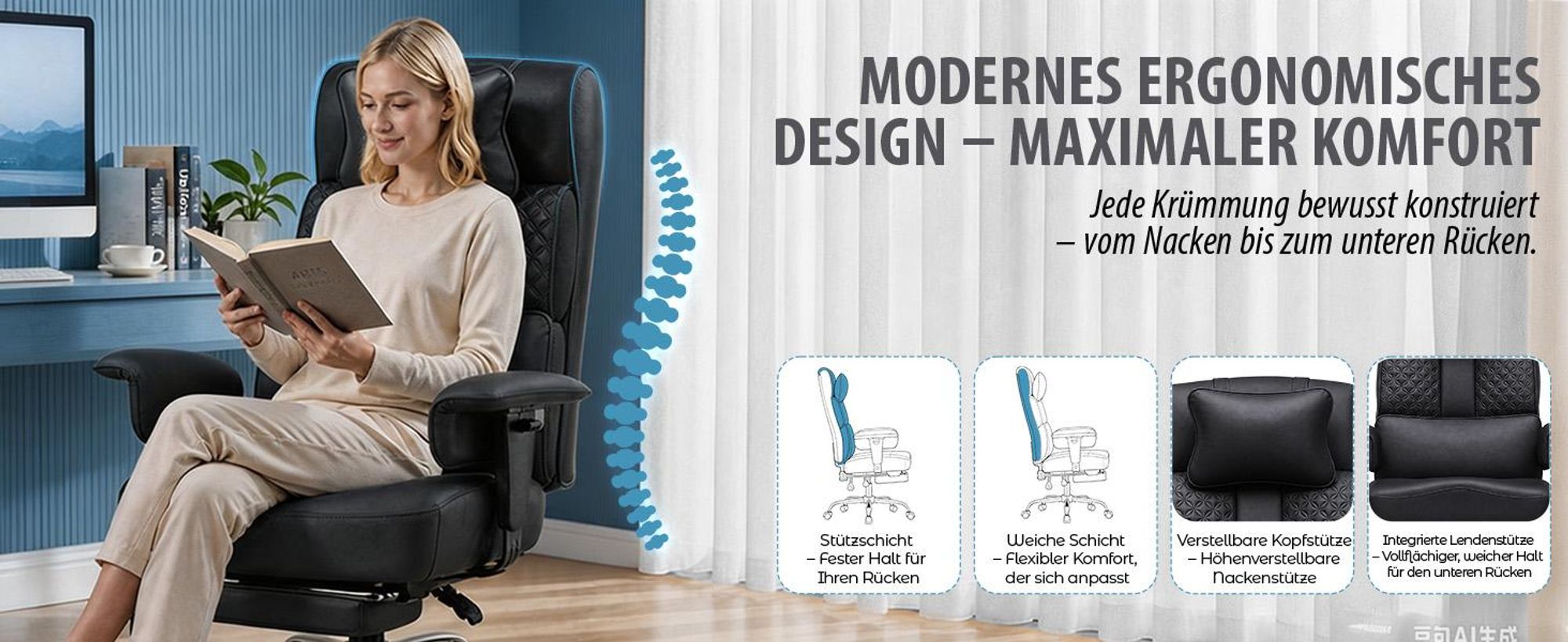 Chaise de gaming GTPLAYER, chaise de bureau ergonomique avec repose-tête réglable, support lombaire large, assise de 54 cm de largeur, inclinable de 90° à 150°, capacité de charge de 180 kg