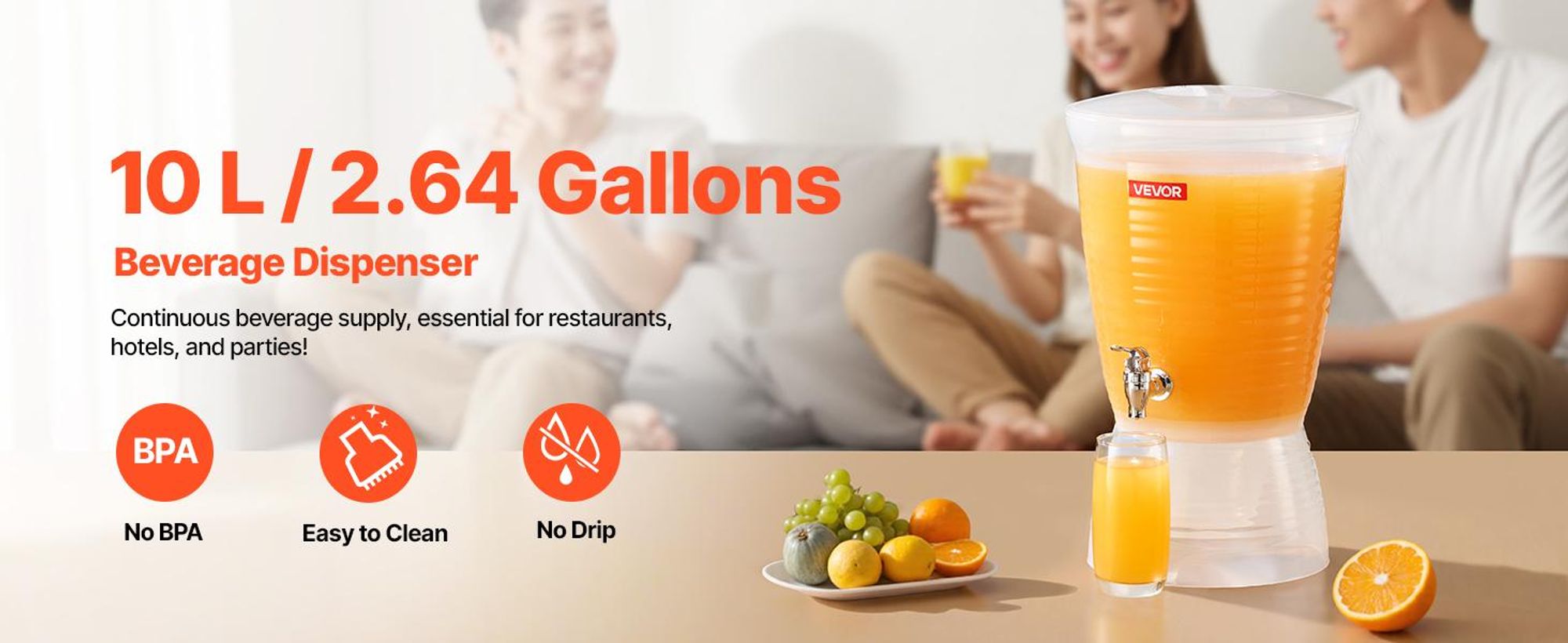 VEVOR Getränkespender (10 L) für Partys, Saftspender aus  PP mit tropfsicherem Zapfhahn Wasserspender für Restaurants Hotels Partys, Limonade Eistee selbstgemachte Getränke Spender