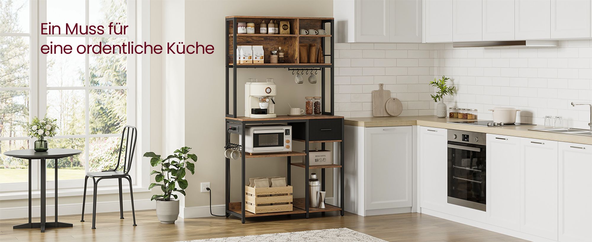 VASAGLE Küchenregal mit Steckdosen, Standregal, Mikrowellen-Regal, verstellbare Ablagen, Stoffschublade, 12 Haken, 40 x 100 x 180,4 cm, für Mikrowelle