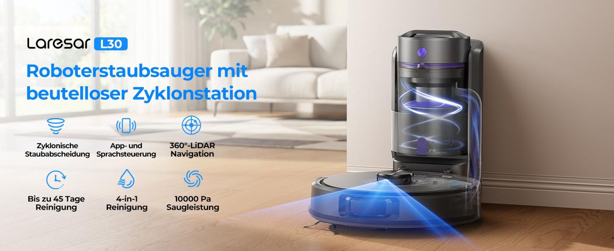 Laresar Lasernavigation Staubsauger Roboter, Roboter Staubsauger mit 10000Pa,kehren, Saugen und Wischen 4 in 1,L30+
