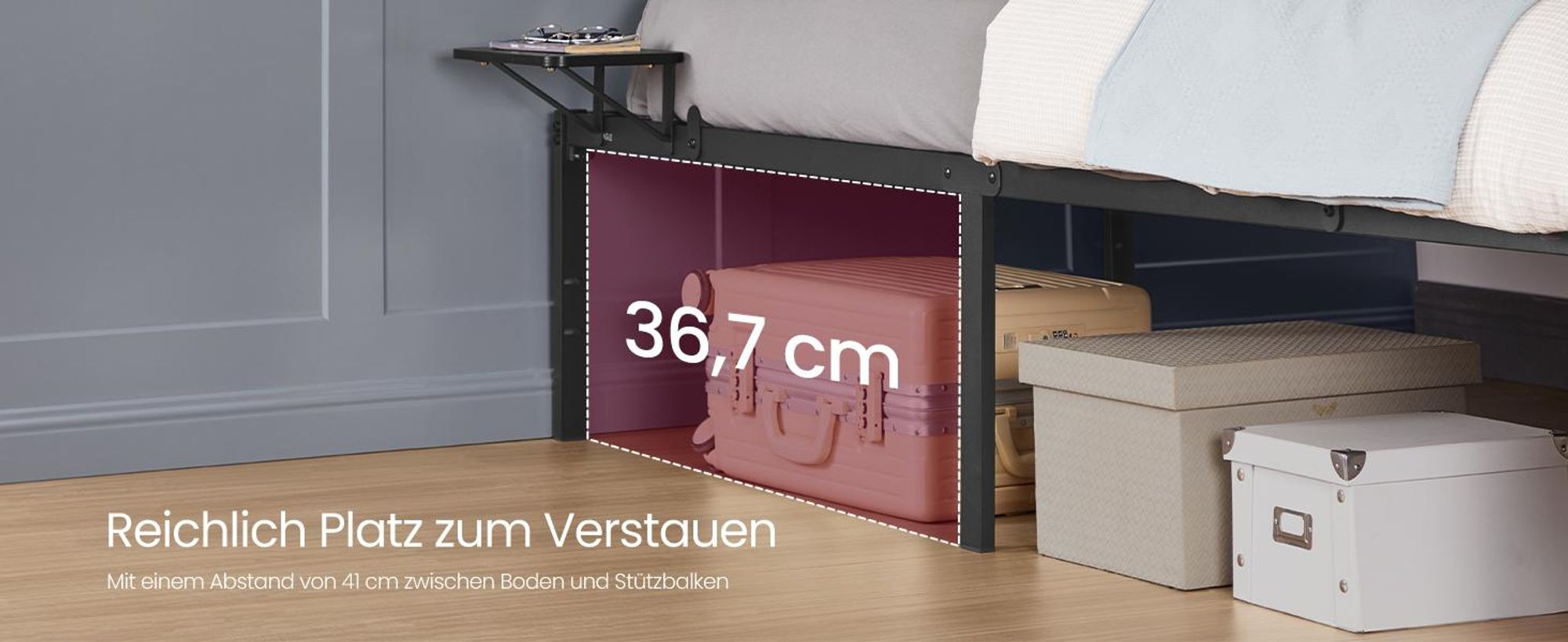 VASAGLE Bettgestell, mit Aufbewahrungsregalen, 200 x 90 cm