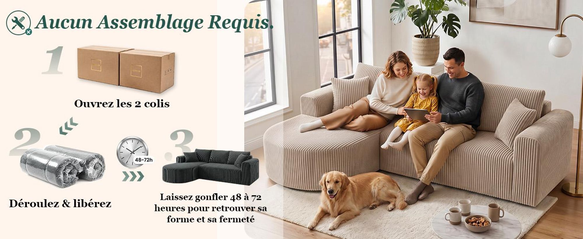 Canapé d'angle COMHOMA avec fonction convertible, 263 cm, en velours, modulaire, sans structure visible, avec chaise longue, canapé d'angle convertible, canapés modulaires avec coussins et poche latérale