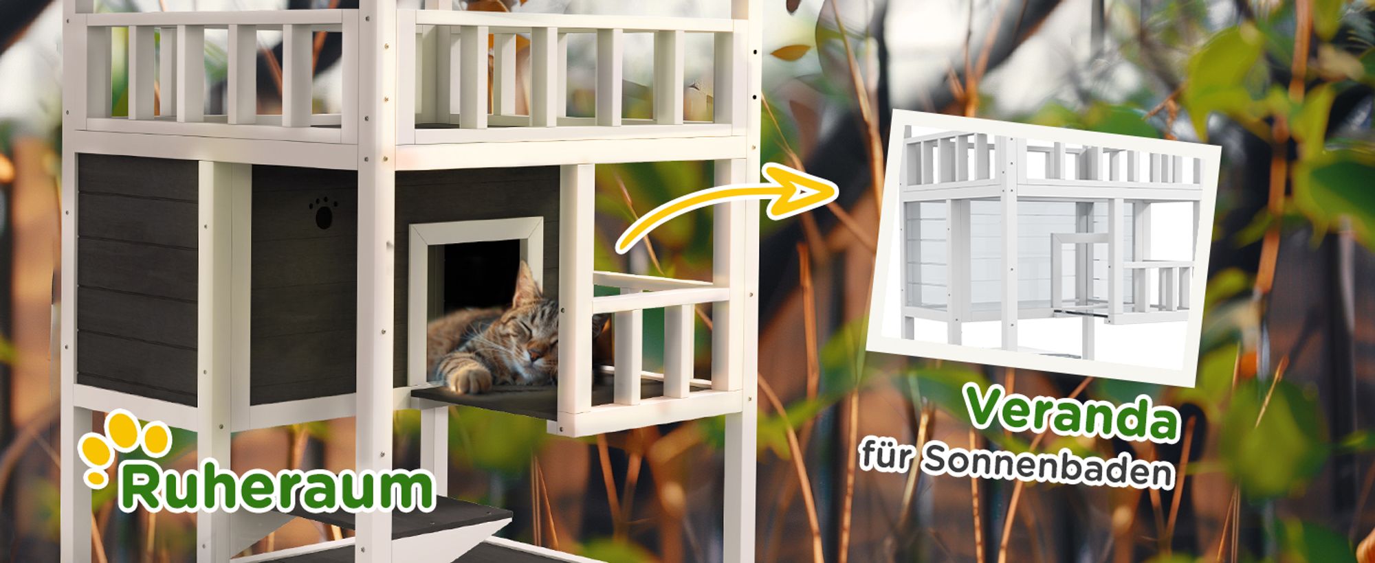 PawHut Katzenhaus,4 Etagen, Katzenvilla,  Katzenhütte für draußen, Tannenholz
