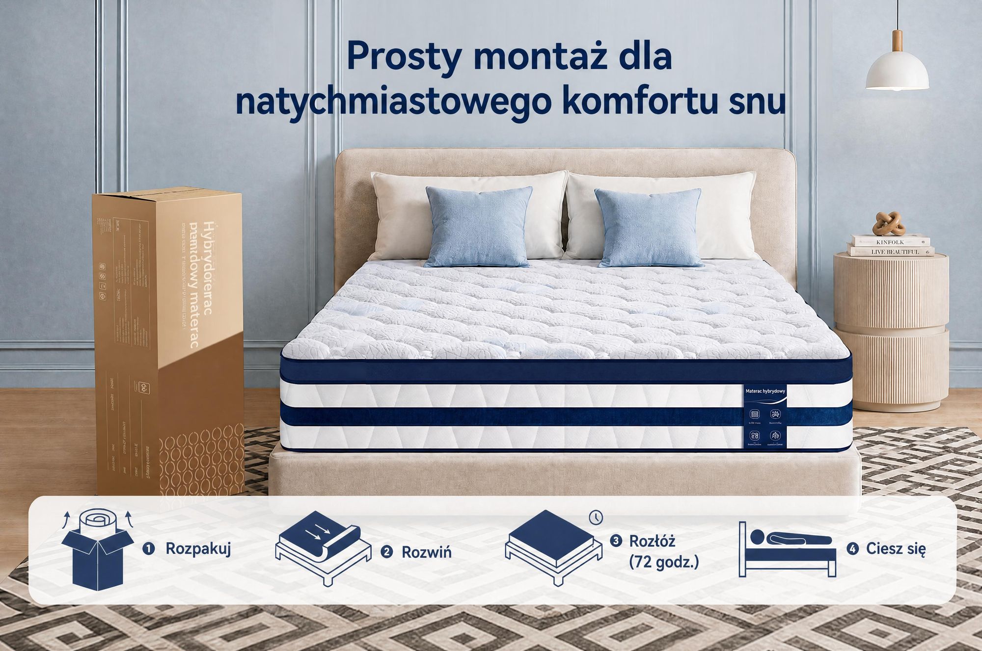 Materac 180x200 cm, 26 cm wysokości, z wbudowanym pokrowcem termoaktywnym, 7-strefowy materac sprężynowy kieszeniowy o twardości H3/H4 – wysokiej jakości pokrowiec o gramaturze 420 g/m²