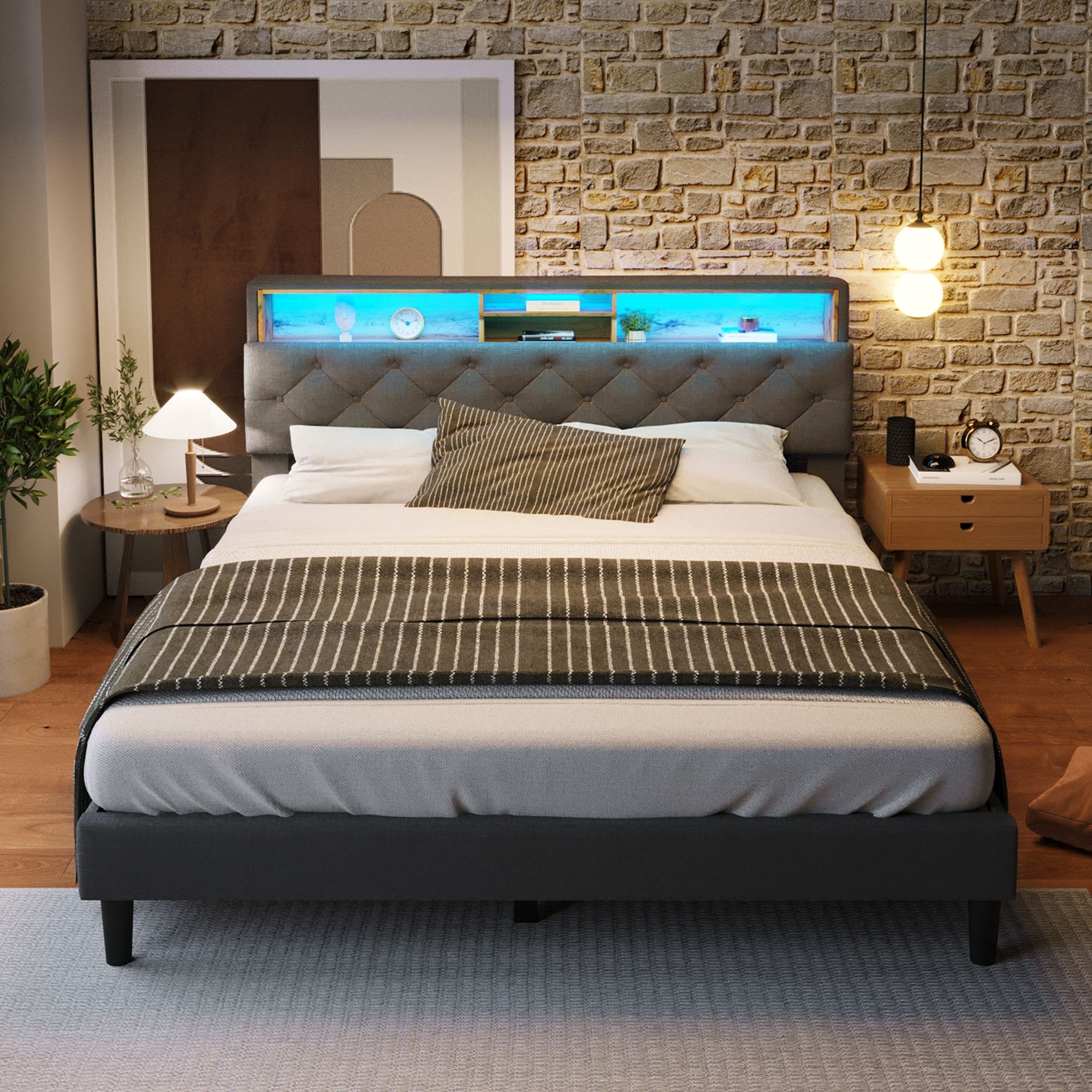 Flieks Polsterbett Massivholzbett 140x200cm mit Led und Kopfteil mit Stauraum, Doppelbett mit Lattenrost Jugendbett Ehebett