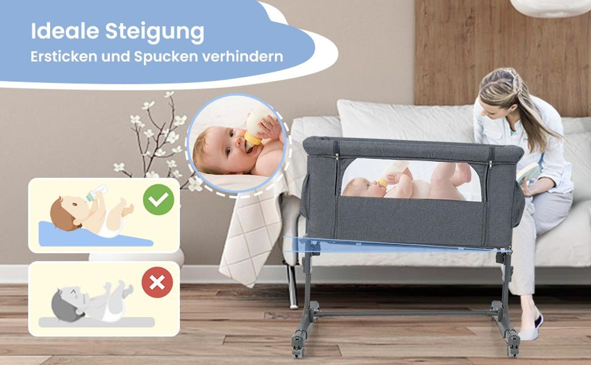 COSTWAY 3 in 1 Beistellbett & Babywiege & Reisebett, 5-stufig Höhenverstellbares Babybett, 10° Neigung, Kinderbett inkl. Matratze, Tragetasche, Stubenwagen für Babys bis 9kg belastbar (Hellgrau)