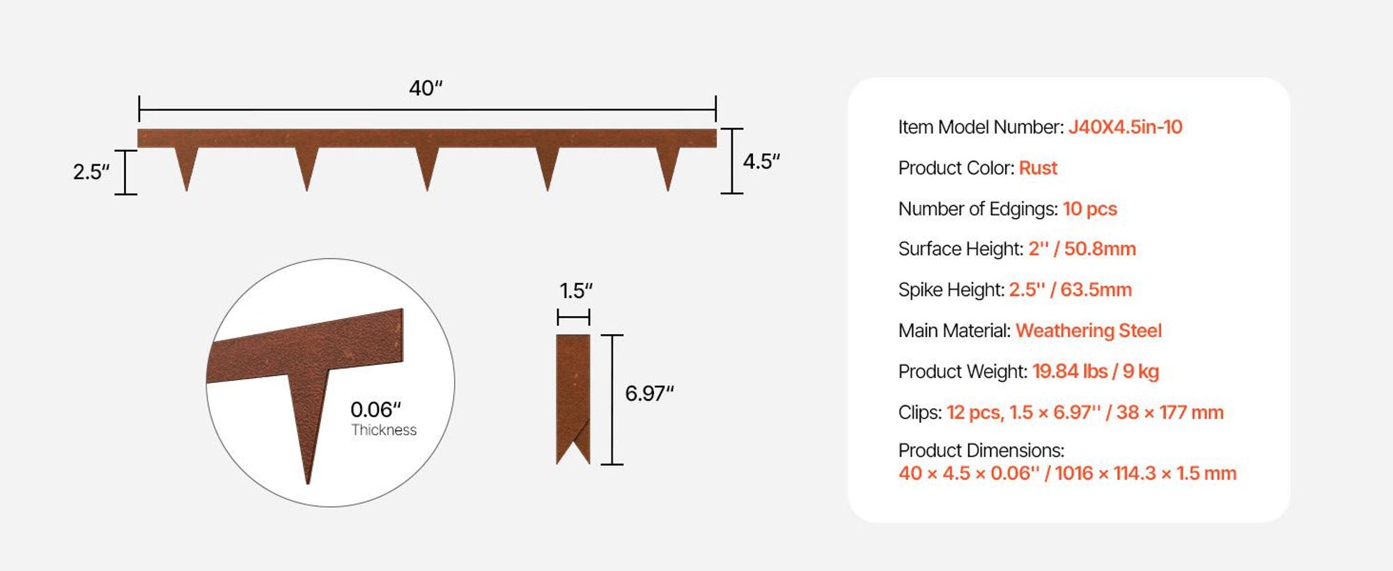 VEVOR Stahl Landschaftsrand, 6 Pakete 40 x 8 Zoll wetterbeständiger & vorgerosteter Metall-Landschaftsrand, biegsamer Gartenrand, Haifischspitze, Rasenrand für Blumenbeet, Gartenweg-Trenner, 40x4.5 Zoll, Tine-a