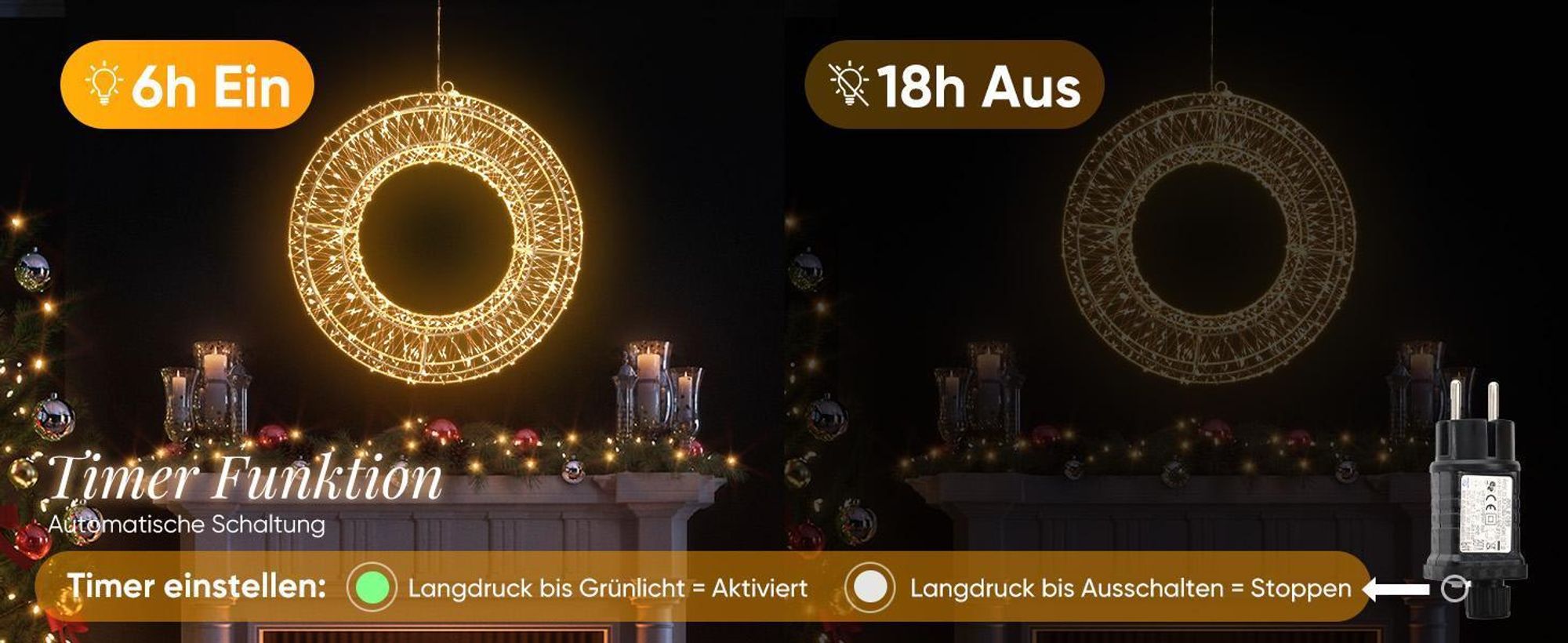 LED-Lichterkette LED Weihnachtskranz Ø45cm 720LEDs Hängekranz Weihnachtsdeko Fenster Lichterkranz Metall Türkranz Timer & Memory Innen/Außen Warmweiß