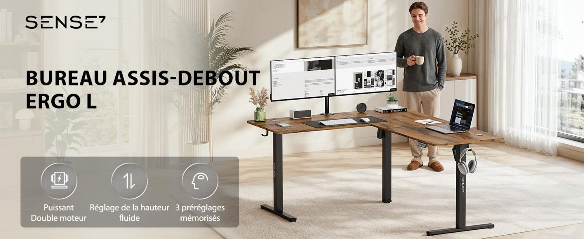 Bureau d'angle SENSE7 NOJO, modèle Light Corner, électrique, réglable en hauteur, dimensions 160x140, forme en L, bureau debout, double moteur, aspect bois, couleur marron foncé et noir