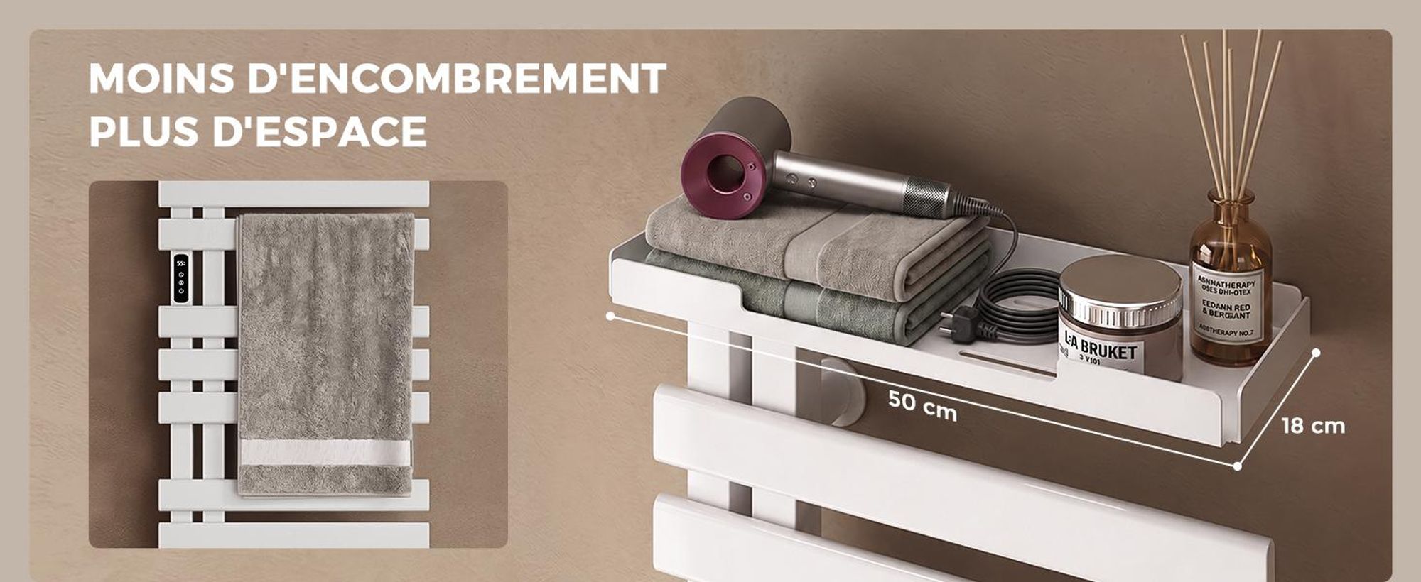 S'AFIELINA Sèche-serviettes électrique avec étagère 1050×500 mm 335 W Blanc,Radiateur sèche-serviettes connecté WiFi, chauffage en fibre de carbone