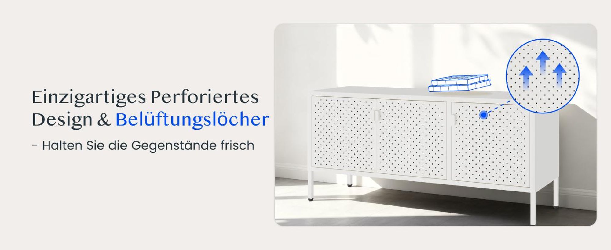 FLEXISPOT TV Schrank Metall – Sideboard mit Lüftungslöchern, 3 Türen & verstellbaren Füßen für Wohnzimmer, Büro, Schlafzimmer, 118x39x55 cm, Weiß