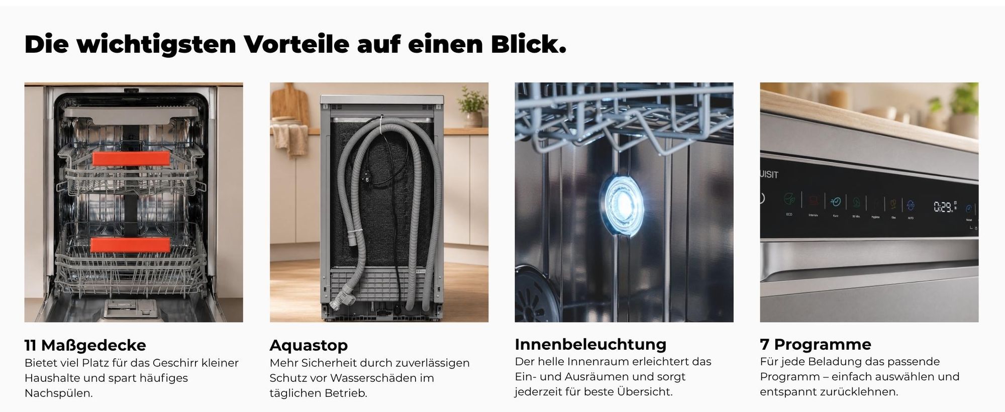 Exquisit Geschirrspüler 11 Maßgedecke | Energieklasse C | 7 Spülprogramme | Aquastop | Besteckschublade | Unterbaufähig | Startzeitvorwahl | Silber