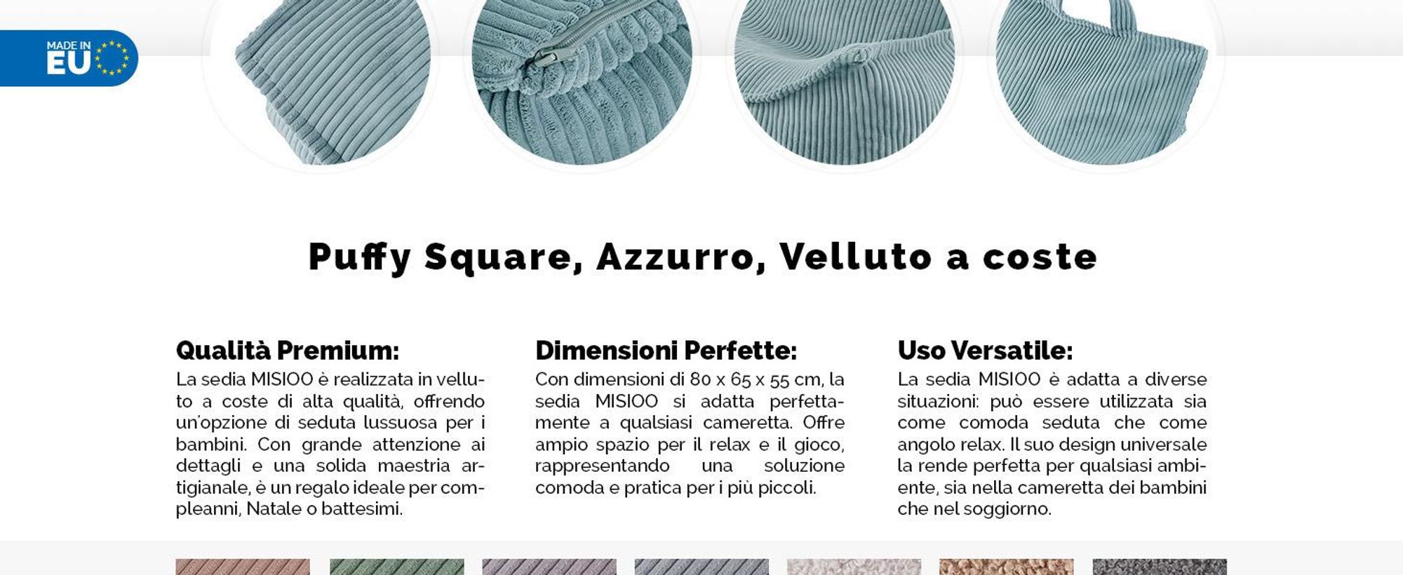 MISIOO Pouf sacco per bambini - Puffy Square - Poltrona per bambini - Pouf in velluto a coste - Ideale per la stanza dei bambini - Facile da lavare - Blu