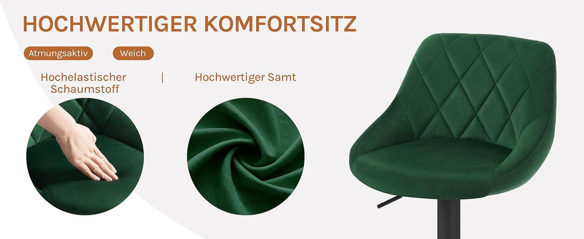 WOLTU Barhocker 2er Set, Barstuhl, Gute gepolsterte Sitzfläche aus Samt, Höhenverstellbar, 360° Drehbar, Dunkelgrün