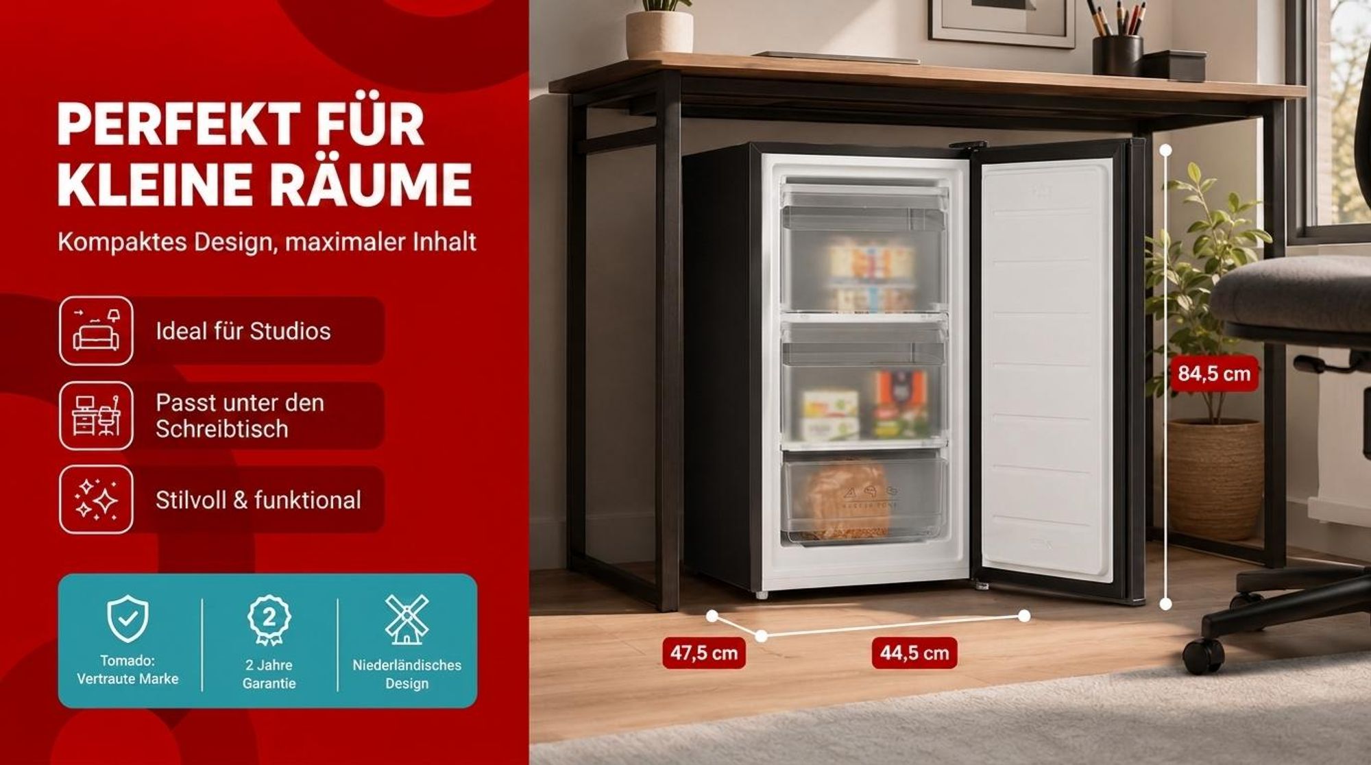 Tomado TFT4702B - Tischgefrierschrank - 60 Liter - 3 Gefrierschubladen - Schwarz