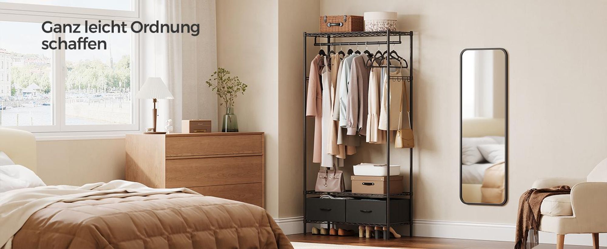 SONGMICS Kleiderständer offener Kleiderschrank, (Garderobenständer mit 2 Schubladen mit Kleiderstange), Garderobe mit Gitterablagen, freistehend