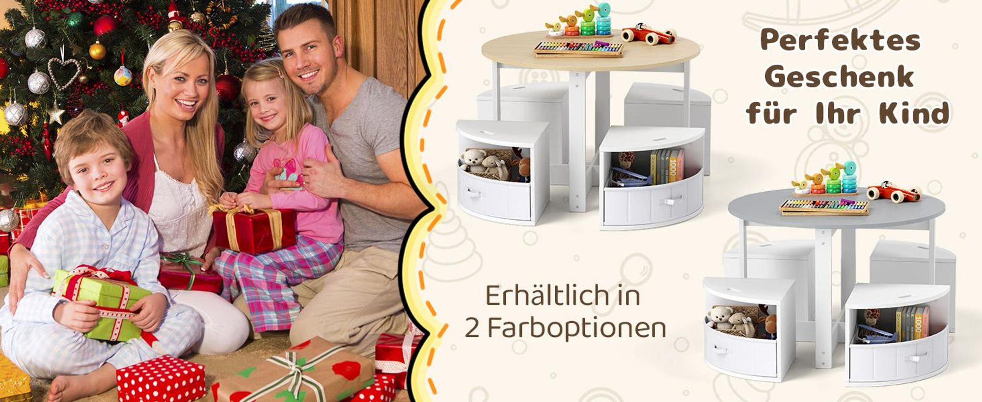 COSTWAY Kindertisch mit 4 Stühlen, Kindersitzgruppe aus Holz mit 4 Stauraumhocker & 4 Stoffschubladen, Maltisch, Sitzgruppe für Kinder ab 3+, Rosa