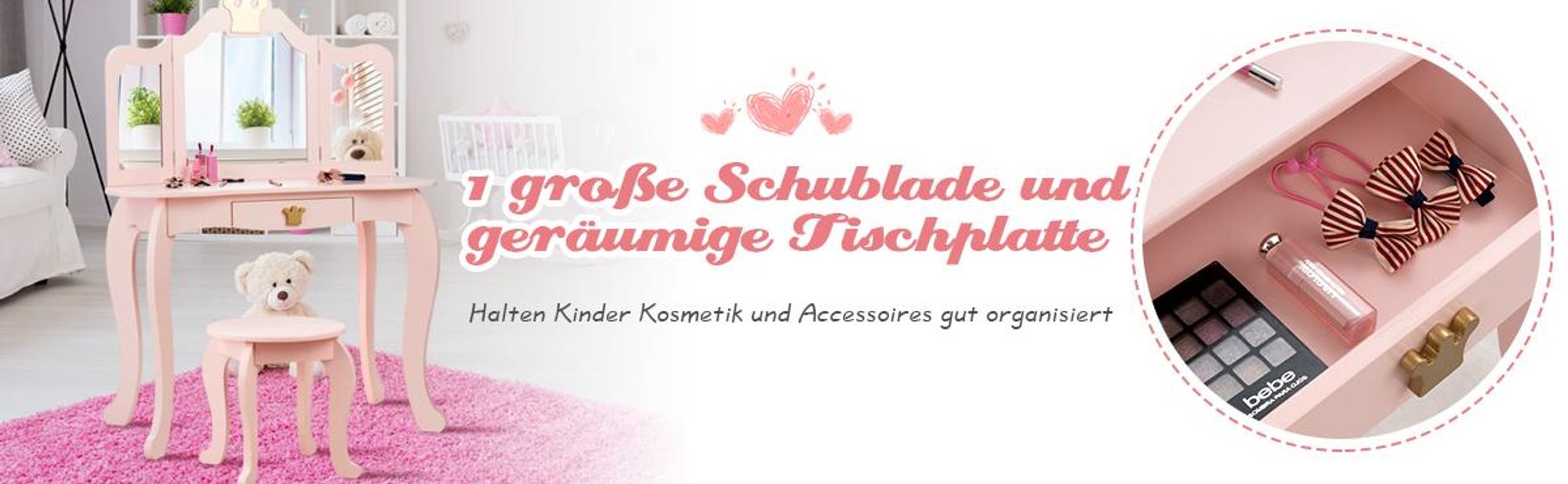 COSTWAY Kinder Schminktisch mit Hocker, abnehmbarer Spiegel & Schublade, Frisiertisch Holz, Kindertisch, Spiegeltisch 80x42x106cm Weiß