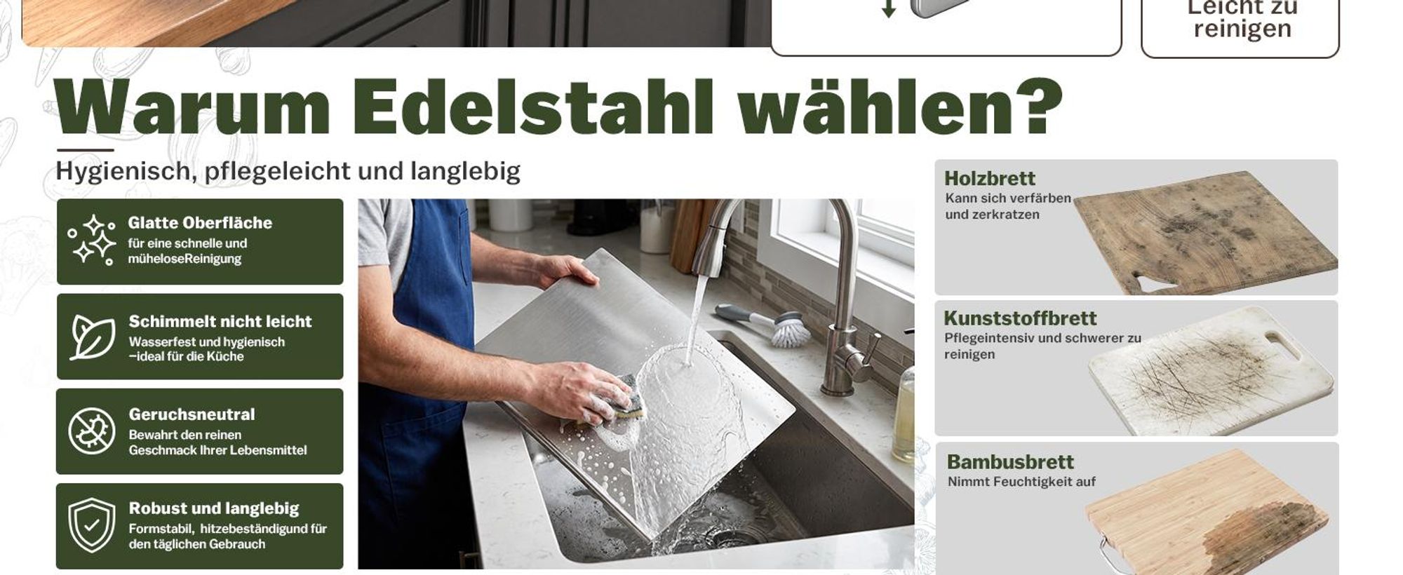 Edelstahl Schneidebrett, Arbeitsplatte mit Anschlagkante, Rutschfestes Profi Hackbrett für Küche - 60 x 40 cm