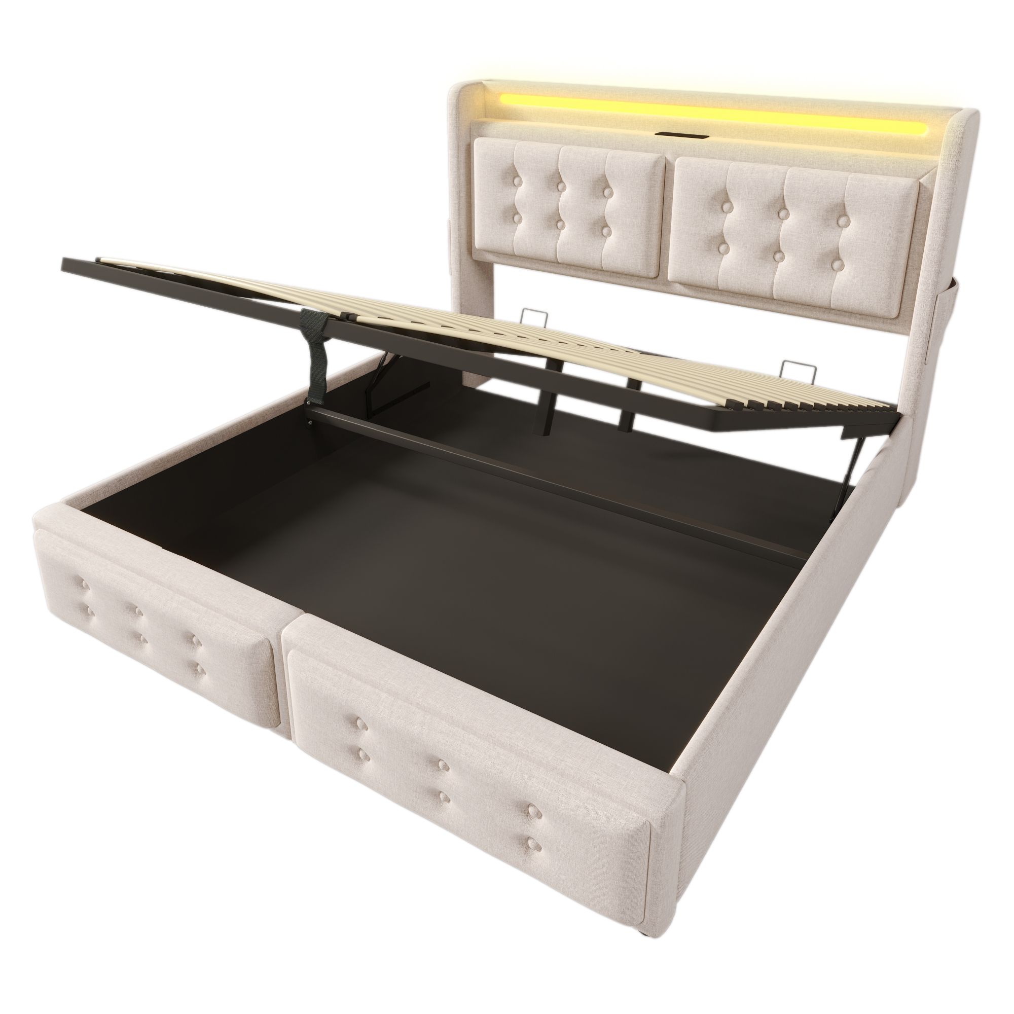 Flieks Polsterbett 180x200cm mit Ladefunktion, Doppelbett Jugendbett mit LED, Hydraulisches Stauraumbett Boxspringbett mit Lattenrost, Baumwolle Beige