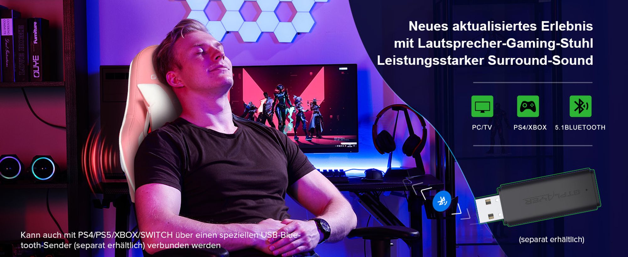 GTPLAYER Gaming Chair »Welt-limitierte Auflage 890MF Patentierter Bluetooth-Lautsprecher-Gaming-Stuhl«, Bürostuhl inkl. Lenden- und Nackenkissen, Ausziehbare Fußablage, Ergonomischer Schreibtischstuhl Pink