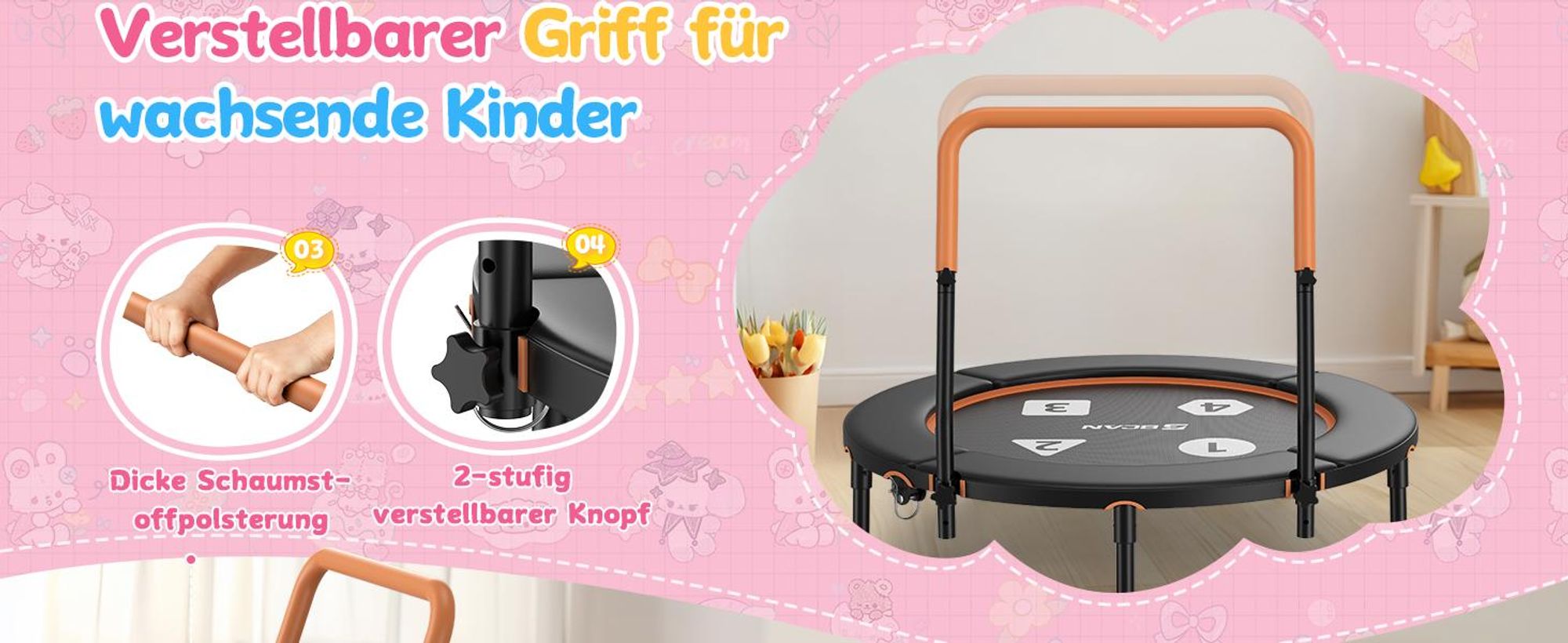 BCAN 91 cm Kindertrampolin für 1–6 Jahre, platzsparend klappbares Innentrampolin mit ASTM-, stabiler Schaumgriff, lückenlose dicke Siche