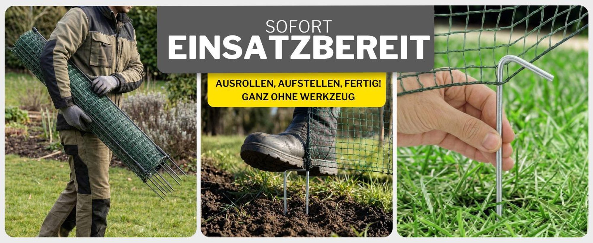 horizont Hundezaun 15 m x 90 cm, 9 Pfähle mit Doppelspitze, engmaschig – Begrenzungszaun FIX – Gartenzaun zum Stecken, Weidezaun, Hühnerzaun – Mobiler Zaun für Hunde & Camping 15m
