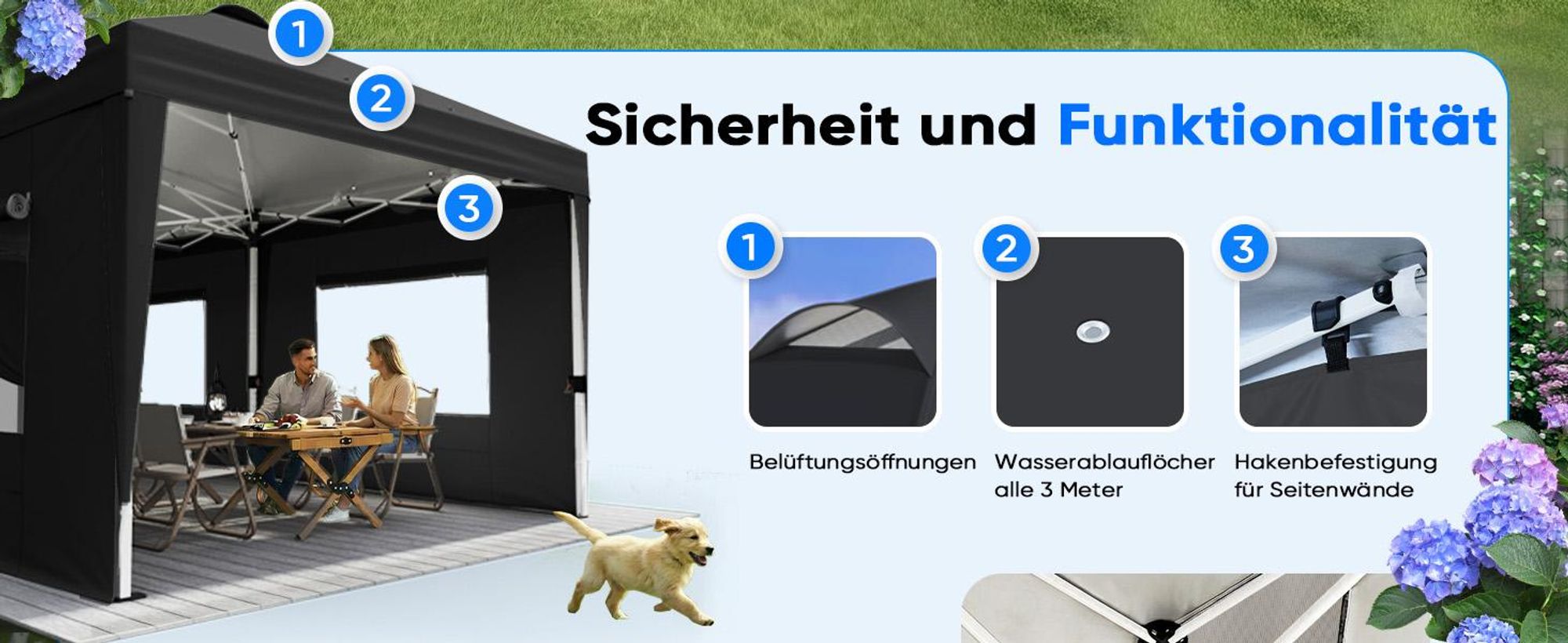 Quictent Pavillon 3x6m Faltpavillon EIN-Tasten-Zentralverriegelung,Wasserdicht UV-beständig, Gartenpavillon faltbar mit 6 Seitenwänden, Schwarz