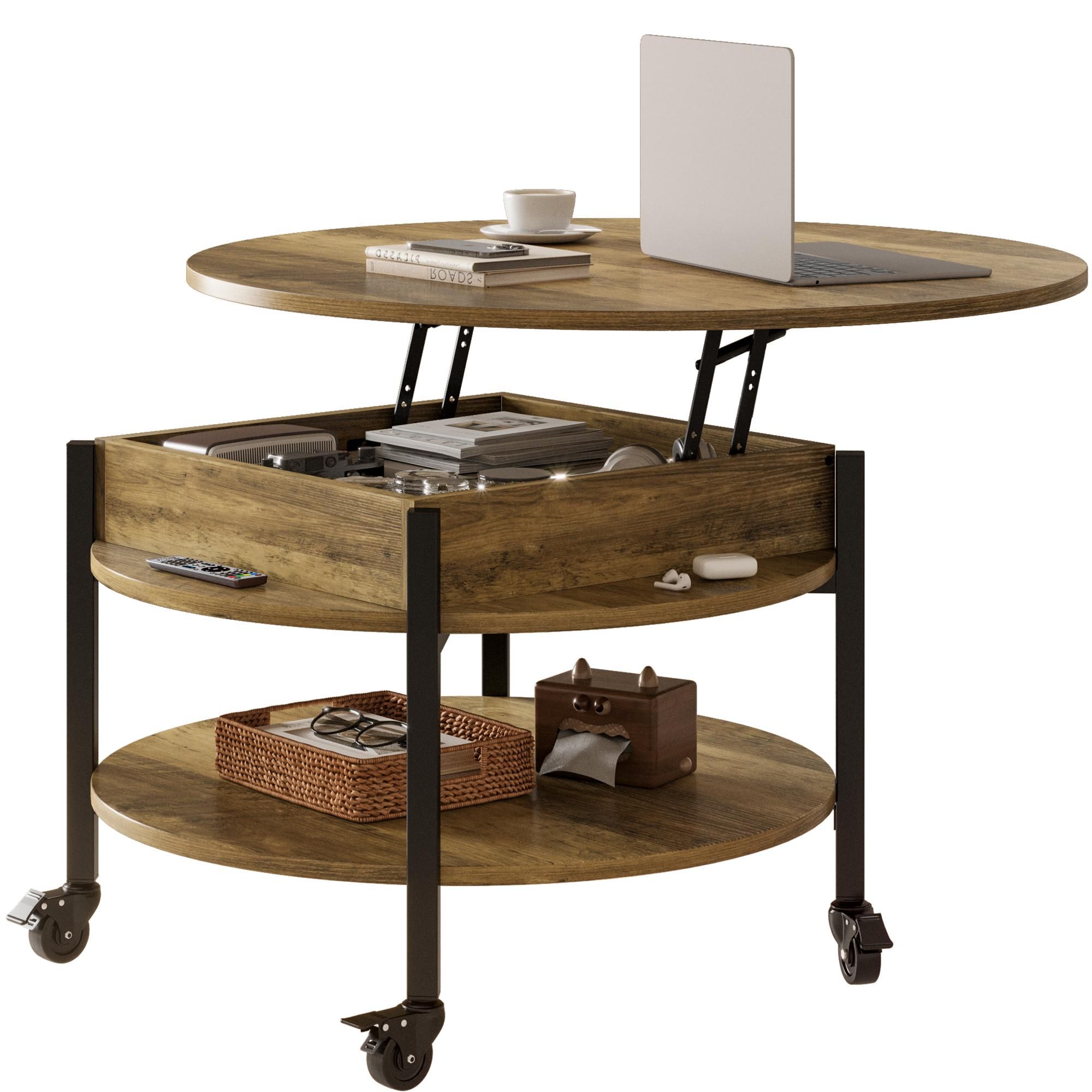 FABATO Runder höhenverstellbarer Couchtisch mit Rädern & Staufach – 26,77 Zoll (ca. 68 cm), 2-stufig, auch als Esstisch nutzbar, in Espresso