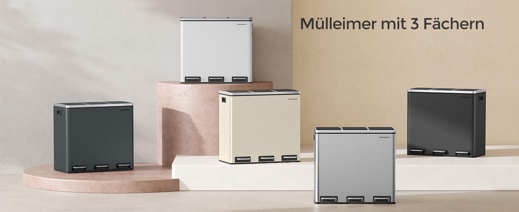 SONGMICS Mülleimer Küche, 3 x 18 L, Mülltrennsystem 3 Fächer, Abfalleimer, Treteimer, für gelben Sack