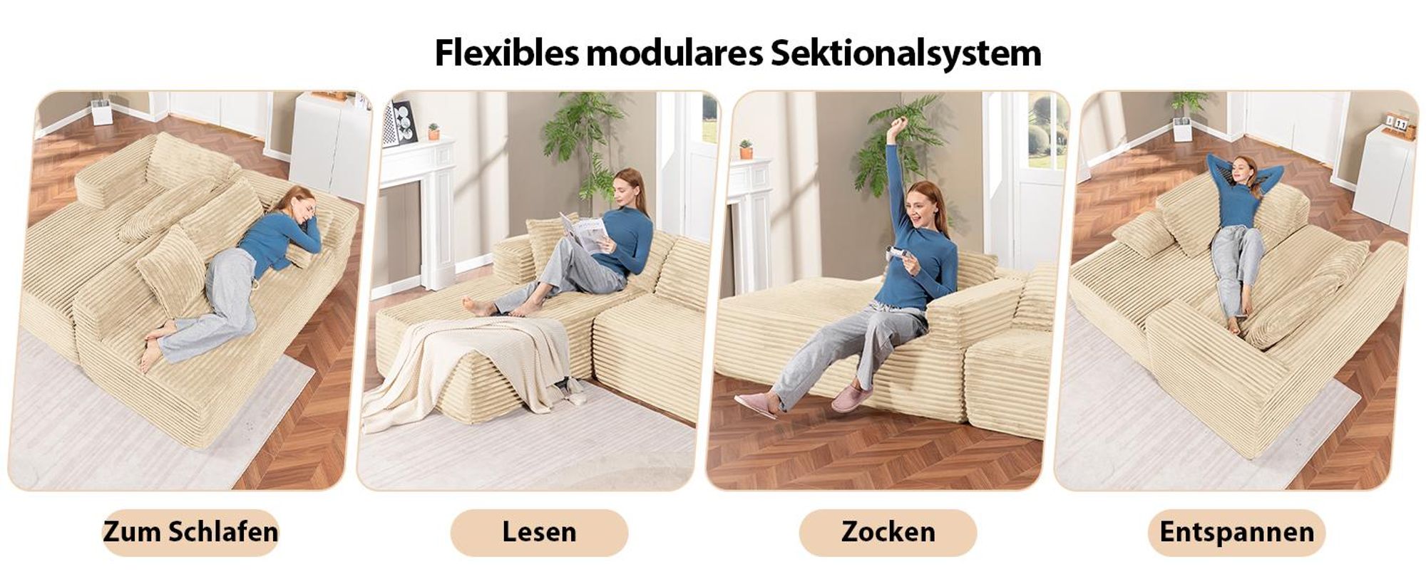 COMHOMASofa Big-Sofa, L-förmige Sofa, Couch Ecksofa, Chaiselongue Schlafsofa mit tiefer Sitzfläche und breiten Armlehnen, Cordstoff, beige-R