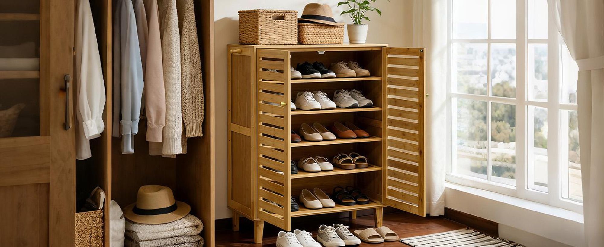 WISFOR Schuhschrank Schuhregal mit 5 Ablagen und 2 Türen, Schuhablage für Flur Diele, Schuhkommode für High Heels, Sportschuhe, 75x35x103cm