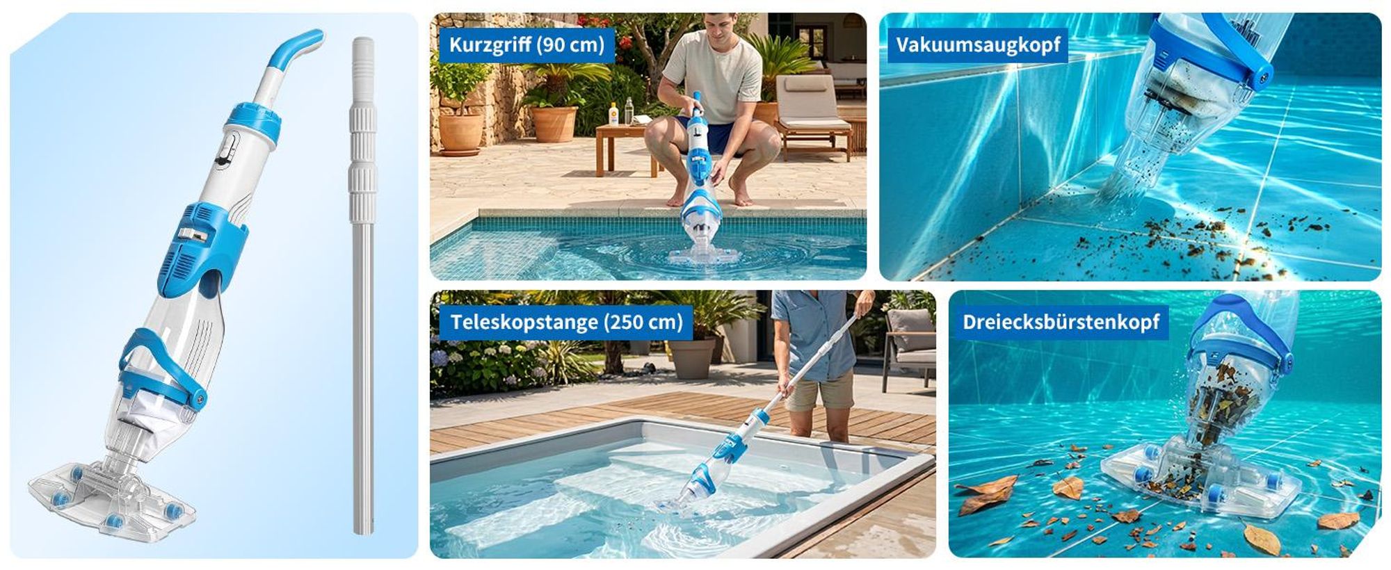 FCH Poolsauger, kabelloser 40W-Poolsauger mit starker Saugkraft und ausziehbarem Stiel