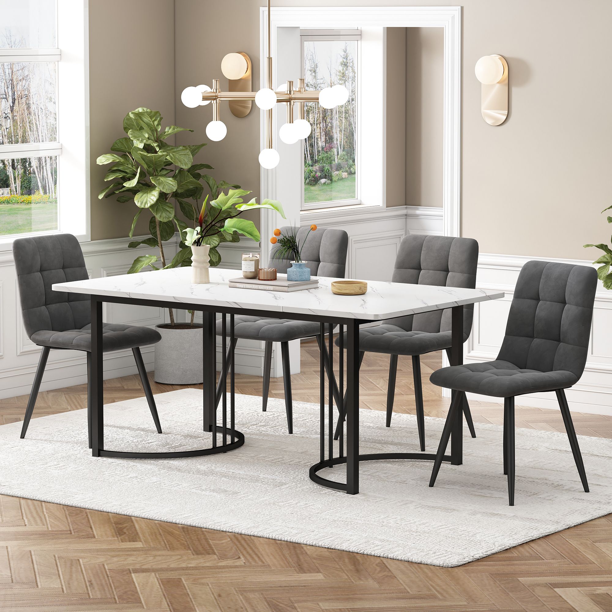Flieks Essgruppe Esstisch mit 4 Esszimmerstuhl, Sitzgruppe Küchentischset 5tlg., Küchentisch mit 4 Esszimmerstuhl, Stuhl mit Samtbezug, Grau Schwarz