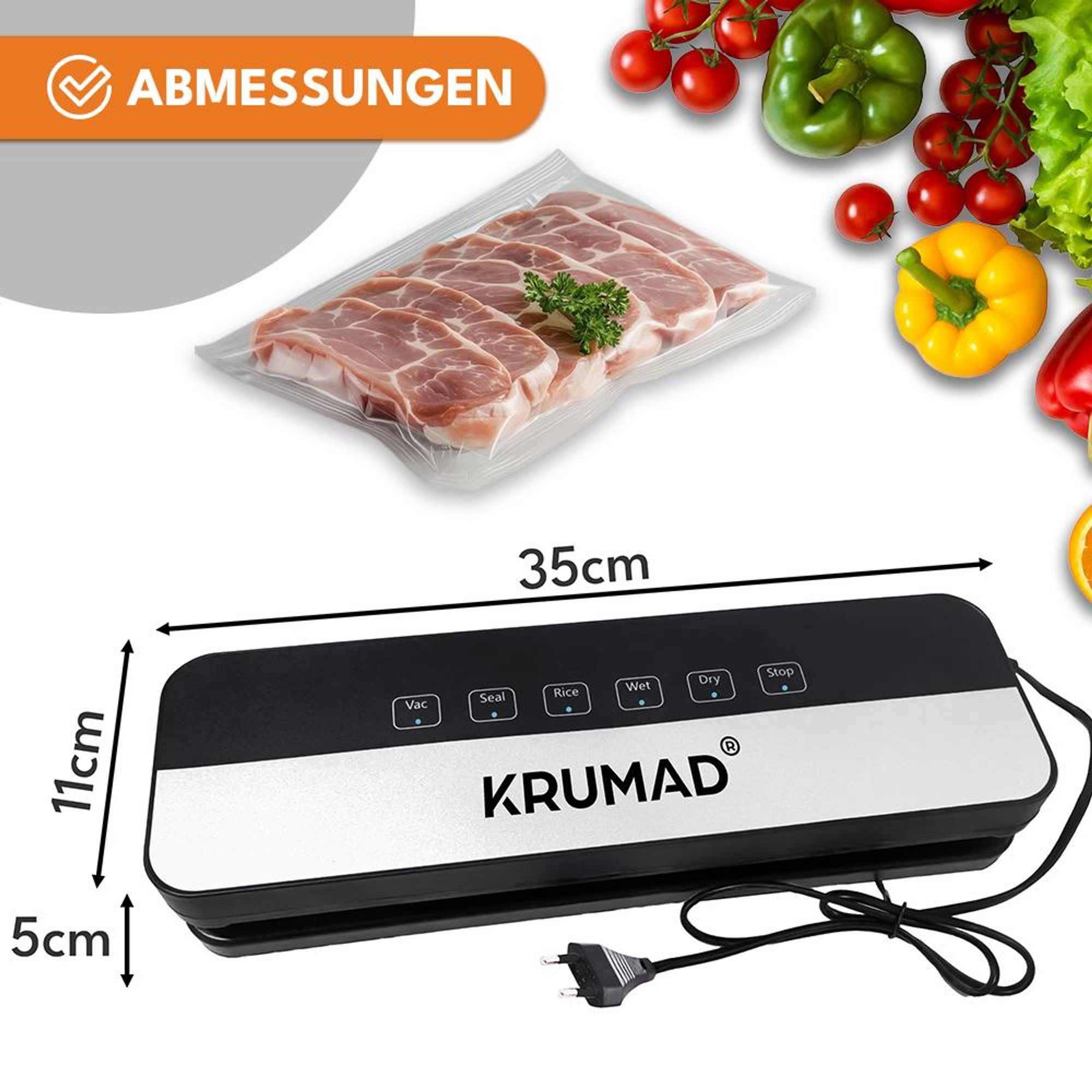 KRUMAD Vakuumiergerät 130W - Automatischer Vakuumierer mit 65 kPa, 30 cm Schweißnaht & 5 Modi - Für Lebensmittel, Fleisch, Gemüse & Sous-Vide