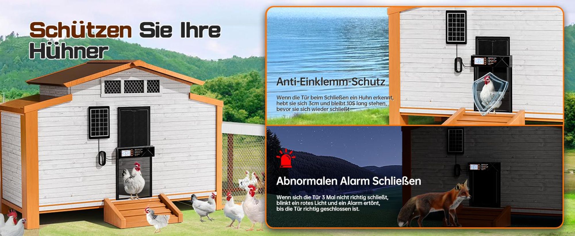 Automatische Hühnerklappe, Große Automatische Hühnertür Solar, Wasserdicht, mit LED Display, Timer, Lichtsensor, Fernbedienung, Einklemmschutz