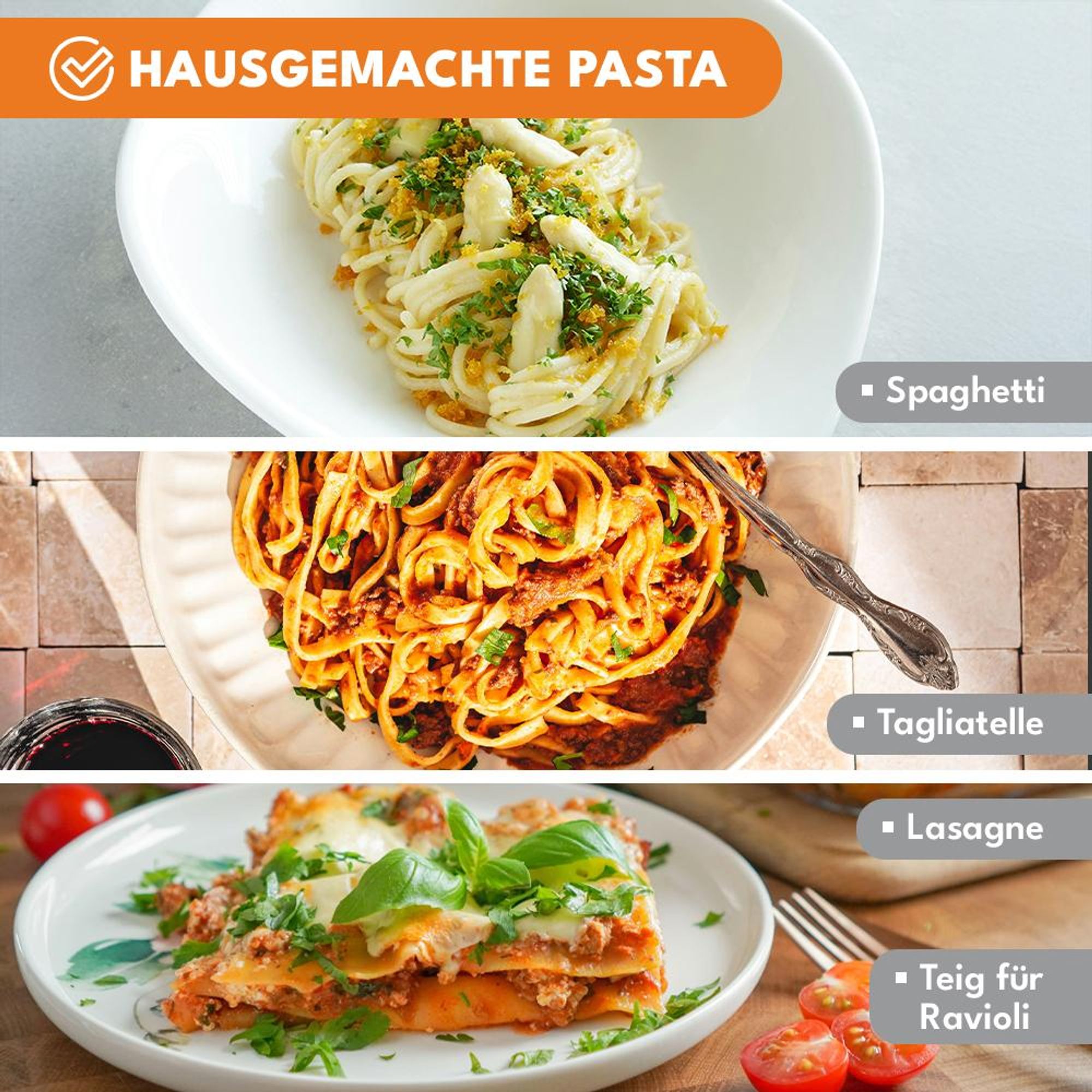 KRUMAD Nudelmaschine manuell 6 Teigdicken, 2 Walzenaufsätze für Spaghetti & Tagliatelle, Edelstahl, kompakt, inkl. Tischklemme & Zubehör, Silber