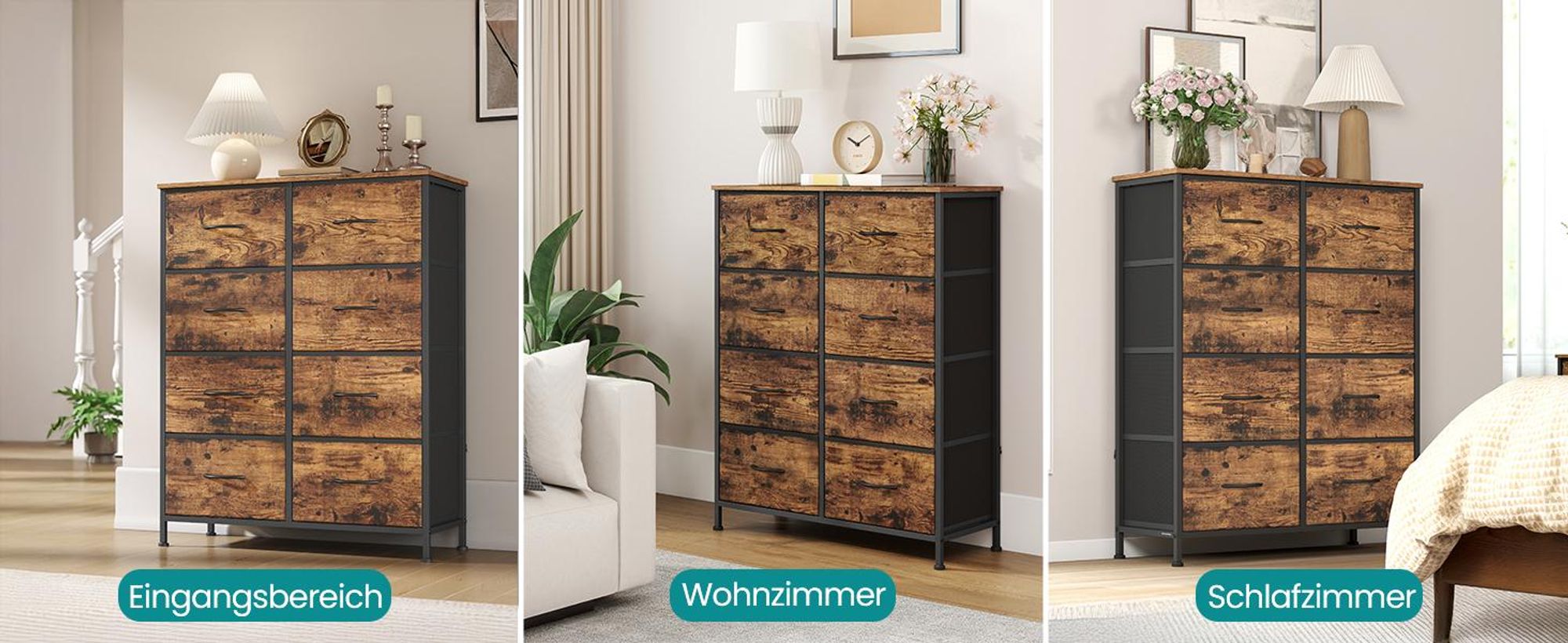 SONGMICS Kommode, Schrank, 8 Stoffschubladen, Aufbewahrungsschrank, Stahl