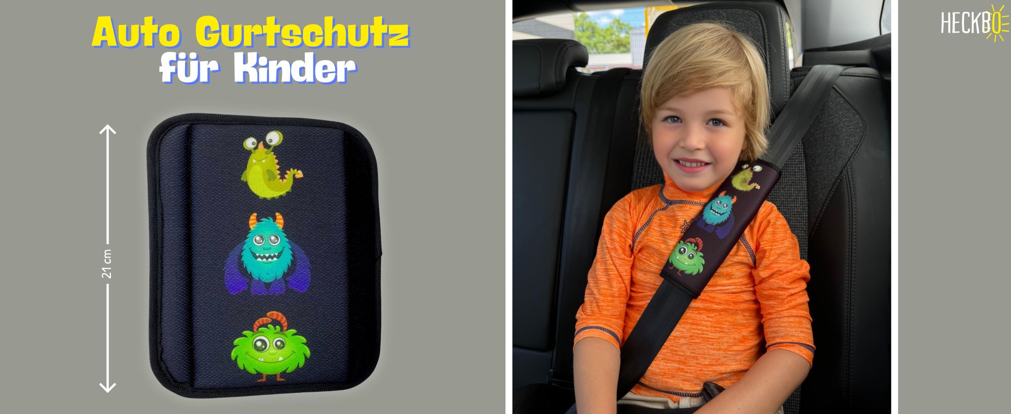 2x HECKBO Kinder Auto Gurtpolster Gurtschutz mit Monster Motiv - Sicherheitsgurt Polster für Kinder und Babys- Ideal für jeden Gurt Autositzerhöhungen Kinder Fahrradanhänger Flugzeug