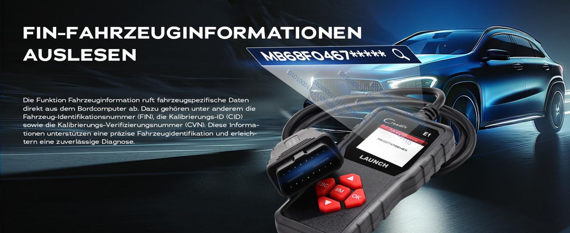 LAUNCH Creader E1 OBD2 Diagnosegerät Auto,Fehlerauslesegerät für Motor & Abgas,liest & löscht Fehlercodes, zeigt Live-Daten & I/M-Bereitschaft
